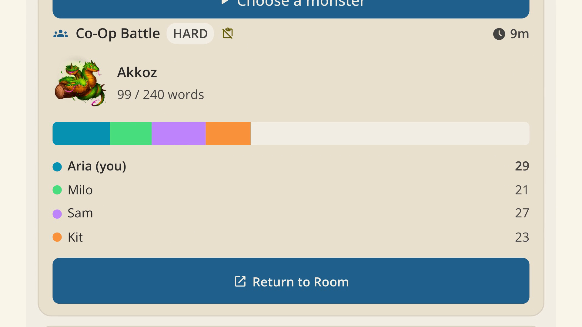 A co-op battle against Akkoz with four players — Aria, Milo, Sam, and Kit — each contributing words to the same fight